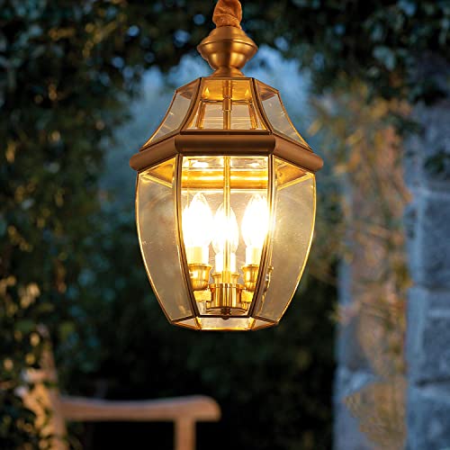 Kviflon Rustic Outdoor Porch Pendant Light With Glass Cage, Farmhouse Vintage Gold Brass Kitchen Island Light Fixtures, Adjustable Hanging Lantern Light, 3-Light For Dining Room Living Room #TOP19