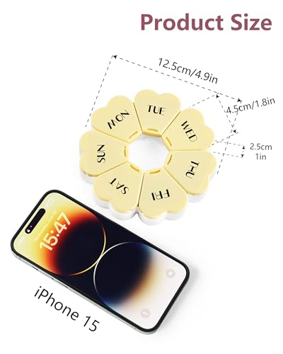 Image of MOLN HYMY Large Weekly Pill Box 7 Day, Pill Case Organizer, Flower Pill Container Once Daily, Round Medicine Dispenser for Vitamin /Fish Oil /Medication /Supplement (Yellow)