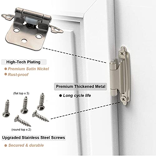 Double Elite 1/2” Overlay Satin Brushed Nickel Cabinet Hinges 25 Pairs(50Pcs),Self Closing Hinges for Kitchen Cabinet/Cupboard/Furniture Doors,Silver Kitchen Cabinet Door Hinges with Upgraded Screws