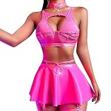Women's Rave Festival Outfits Metallic Mini Skirt Cutout Crop Bra Top Choker 3 Piece Strappy Festival Dancewear Clothes Set Rose Small