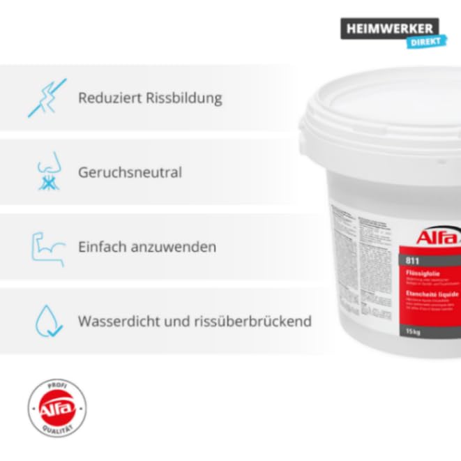 15 kg Alfa Flüssigfolie – Abdichtungsmasse blau – unter keramischen Belägen | Profi-Qualität – Flexible Flüssigfolie zur Abdichtung unter Fliesen in Bad, Dusche, Küche und Feuchträumen