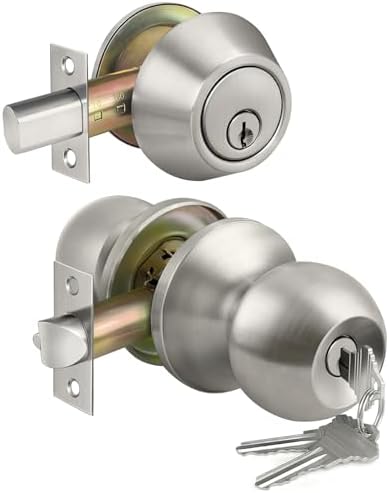 BESTTEN Keyed Same Exterior Door Knob and Single Cylinder Deadbolt Combo Set, Keyed Alike Entry Door Knobs with Lock and Keys for Entrance and Front Door, Satin Nickel