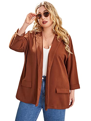 Wdirara Women's Plus Size Long Sleeve Blazer Casual Open Front Cardigan Jacket Brown 2Xl #TOP7