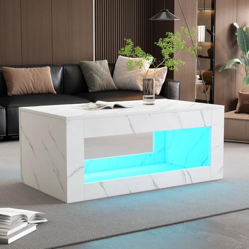EURHCIO Table Basse Salon Blanche 50.5x100.5x50cm,Table D'appoint,Meuble Bas Rangement avec Éclairage LED Réglable,Télécommande,Motif Marbré,Design...
