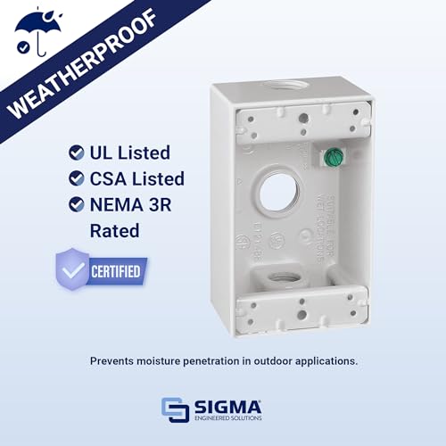 SIGMA ENGINEERED SOLUTIONS 14250WH Metal Electrical Outlet Box, Weatherproof, Easy Mount Plug and Receptacle Protector, White, (3) 1/2-Inch Holes, 1 Gang Box