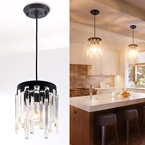 Mayna Crystal Pendant Light Fixture, Modern Chandelier, Adjustable Height Hanging Lamp, Cylinder Black Pendant Lights For Kitchen Island,Dining Room,Living Room,Foyer,Entrywall,Hallway (1Pack) #TOP11