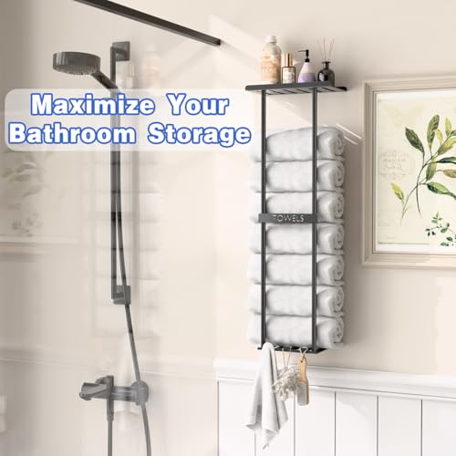 2-Tier-Wall-Mounted-Towel-Rack-with-Hooks-Shelf-Black-Metal-Towel-Holder-for-Small-Bathrooms-Standard-Version