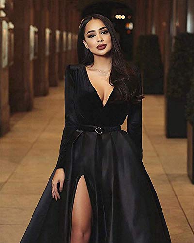 Ll Bridal Long Satin Velvet Prom Dresses V Neck Long Sleeve High Slit Formal Evening Party Gowns Burgundy-8 #TOP3