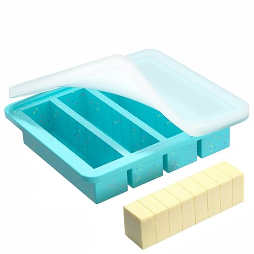 KASHME 1 Pc Butter Mold With Stainless Steel Frame, Butter Mold With Measurements For Homemade Butter, Nonstick Silicone Butter Stick Molds With Lid, Fits 4 Oz Standard Butter Stick Size(Aque)