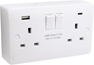 SH|P ® CONVEX Range 13A Double Wall Socket with FASTCHARGE 15W 3.1A 5V USB A+C + 29mm Surface Mount Back Box Set White Plastic Electrical Sockets Range Screw Caps (USB Type C - 2 Gang)