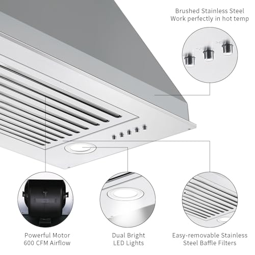 Image of Range Hood Insert 24 inch, Built in Kitchen Hood 600CFM, Ducted /Ductless Convertible Stove Hood with Stainless Steel Baffle Filter, Vent Hood Insert w / 3 Speed Fan, 2PCS Replaceable LED Lights