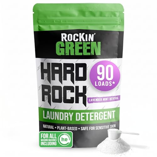 Product Image of the Rockin' Green Hard Rock Laundry Detergent for Hard Water (90 Loads), Plant based, Natural Laundry Detergent Powder, Biodegradable Odor Fighter, Safe for Sensitive Skin, 45 oz (Lavender Mint Revival)