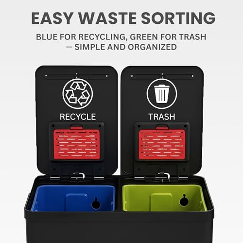 Image of iTouchless 16 Gallon / 60L Dual Kitchen Trash Can & Recycle Bin, 2x8 Gal Removable Buckets, Soft-Close Stainless Steel Step Pedal, Fingerprint-Resistant, AbsorbX Odor Filter - Matte Black