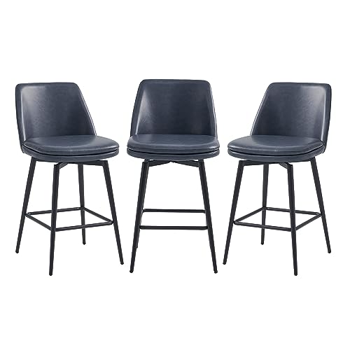 Image of CHITA Swivel Bar Stools, 27.2 inch Counter Height Bar Stools Set of 3, FSC Certified Upholstered Modern Counter Stools, Metal Legs, Faux Leather, Blue