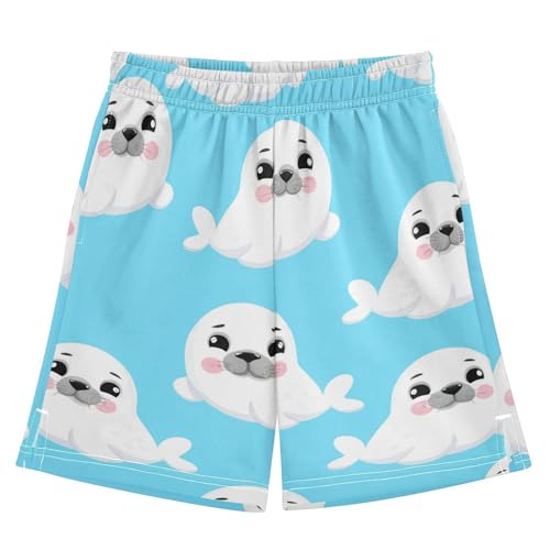 J JOYSAY Cartoon Seal Blue Boys Athletic Shorts Kids Youth Casual Shotrs with Pockets Elastic Waistband