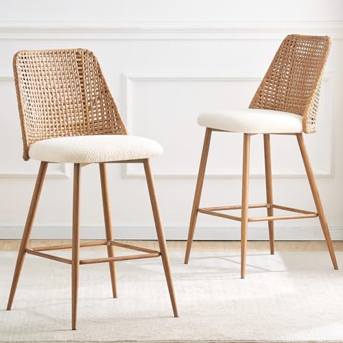 YLKHOME Rattan Counter Height Bar Stools Set of 2, 26' Boucle Fabric Upholstered Barstools with PE Rattan Cane Back, Bar Chairs Counter Stools for Kitchen Island,Beige White