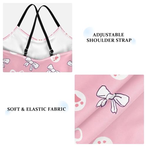 Pink Bow Footprint Pattern Girls Swimsuit One Piece Bathing Suit Beach Swimwear with Adjustable Straps 3-10Years3