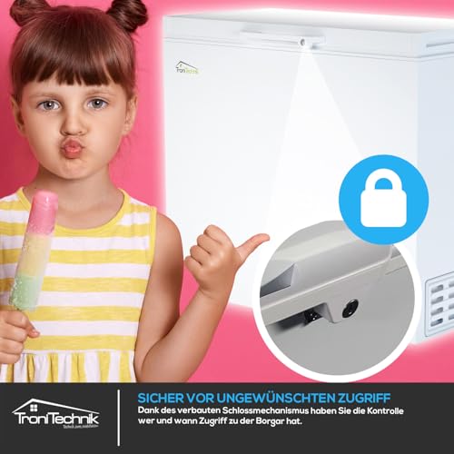 Foto von Tronitechnik® Gefriertruhe Kühltruhe BORGAR PRO mit 2in1 Gefrier- und Kühlfunktion | 210 Liter, 223kwh/Jahr, 85cm hoch, geringe Lautstärke | LED-Licht | Rollen | Kindersicherung durch Schloss | Weiß