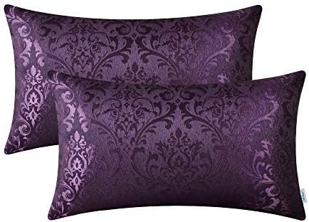 CaliTime Pack of 2 Throw Pillow Covers Cases for Couch Sofa Home Decoration Vintage Damask Floral Shining & Dull Contrast 12 X 20 Inches Deep Purple