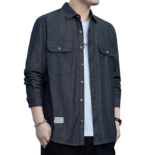 [Fasshonrida] デニムシャツ メンズ 秋服 ウォッシュ加工 長袖シャツ ウエスタン しゃつ 綿 トップス かっこいい ブリーチ shirt カジュアル 服 おしゃれ 上着 ストリート系 スリムフィット ジーンズ 羽織り 春 秋 black XL