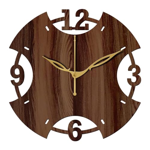 Image of SKYVILLA 12 Inch Wooden MDF Brown Analog Wall Clock with English Numerals | Silent Quartz Movement | Lightweight Without Glass Design for Home Living.