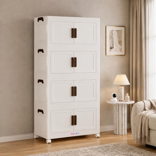 Image of Foldable Plastic Rack for Storage Cabinet with Wheels | Multipurpose Shelf Storage Services Almirah Wardrobe for Clothes, Kitchen Cupboard | Plastic Organizer (Regular Door)