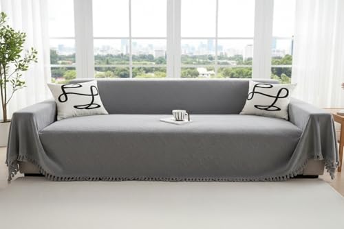 Image of The Furnishing Tree Reversible Double Sided Chenille Throw Sofa Cover, Anti-Slip Couch Cover, Comfy Sofa Towel for All Seasons, 3 Seater, Subtle Textured Woven Finish Solid Grey