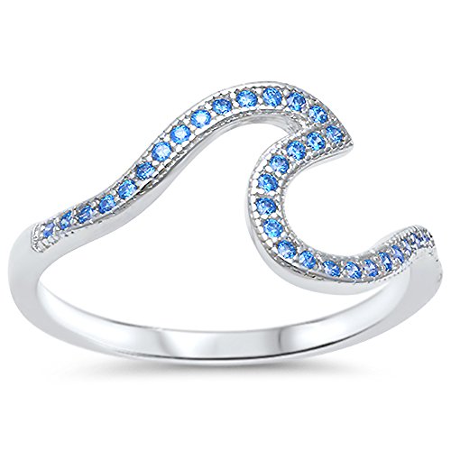 Oxford Diamond Co Wave Design .925 Sterling Silver Ring Sizes 2-12 Choose Your Color (Sterling-Silver-with-Aqua-Stones, 6)