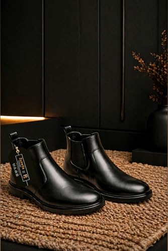 Image of Zurefa Men Genuine Leather Chelsea Boots Matte Black Slip-On Ankle Boots Cushioned Insole Anti-Slip rubber Sole Casual Formal Office Boots for Men (Model ZF-101)