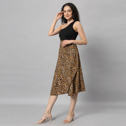 Image of Women's Floral & Animal Print Wrap Skirt - Midi Length A-Line Summer Skirt with Side Tie-Up, Tropical Cheetah Tiger Casual Beach Wear