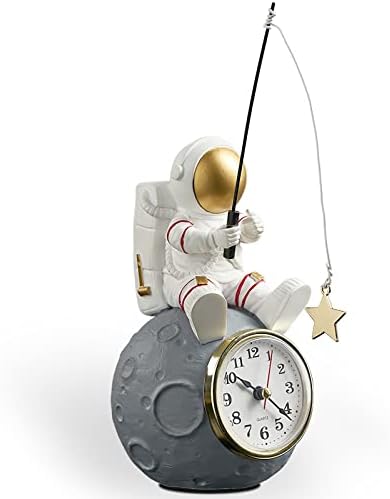 Astronaut Figure Clock for Desktop & Shelf, Battery Operated, Astronaut & Planet Figurine Statue for Office & Kids' Outer Space Themed Bedroom Decor, Decorative Small Table Clock, Fishing Star