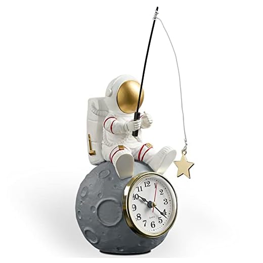 Astronaut Figure Clock for Desktop & Shelf, Battery Operated, Astronaut & Planet Figurine Statue for Office & Kids' Outer Space Themed Bedroom Decor, Decorative Small Table Clock, Fishing Star
