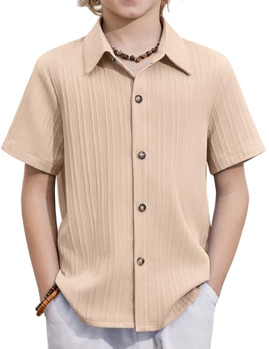 Image of Arshiner Boys Casual Short Sleeve Button Down Shirt Fashion Textured Summer Beach Shirt 3-13 Years Old