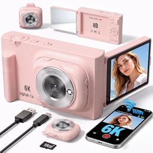 Digital Camera with WiFi 2-in-1 Camera with Detachable Mini POV Camera, Vlogging & Travel Camera with Flip Screen for Selfies Pink