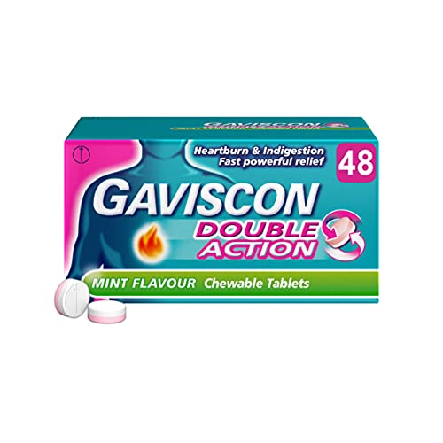 Gaviscon Double Action Tablets, Mint Flavour, 48 Tablets, Indigestion and Heartburn Relief, Indigestion Tablets, Acid Reflux, Antacid, Gets to Work Instantly, Lasts 2X Longer, Antacids