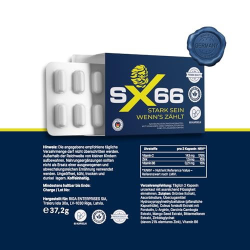 SX66 Kapseln - innovativer Superfood Komplex für Männer mit Arginin, Forskolin - Premium Lust Kapsel für den aktiven Mann - Formel für männliche Lust