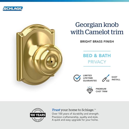 Image of SCHLAGE F40 GEO 605 CAM Camelot Collection Georgian Privacy Knob, Bright Brass