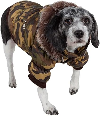 PET LIFE Classic Metallic Fashion Pet Dog Coat Jacket Parka w/ 3M Insulation and Removable Hood, Small, Camouflage