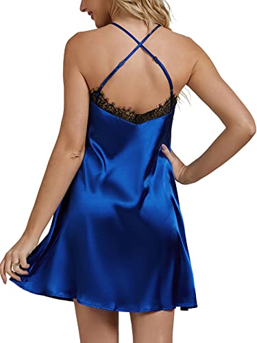 Lyaner Women's Satin V Neck Spaghetti Strap Sleeveless Lace Trim Backless Chemise Nightgown Nightdress Sleepwear Blue Large #TOP1