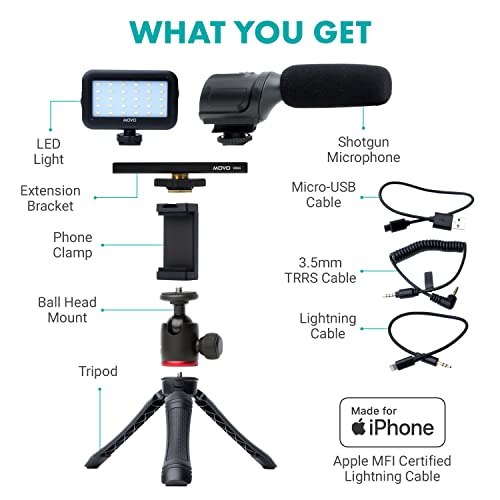Movo Ivlogger Vlogging Kit For Iphone - Lightning Compatible Video Vlog Kit - Accessories: Phone Tripod, Phone Mount, Led Light And Shotgun Microphone - For Youtube Starter Kit Or Iphone Vlogging Kit #TOP1