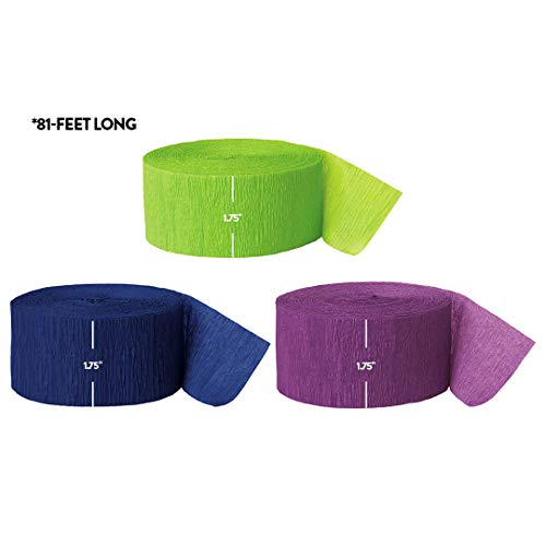 Andaz Press Crepe Paper Streamer Hanging Party Decorations Kit, 240-Feet, Kiwi Green, Navy Blue, Purple, 1-Pack, 3-Rolls, Peacock Mermaid Colored Wedding Baby Bridal Shower Birthday Supplies #TOP2