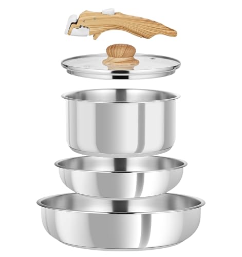 KOCH SYSTEME CS 7 Piece Stainless Steel Cookware Set, Stainless Steel Pots and Pans Set with Detachable Handle, Cooking Pan Set with Wood-grain Handle, Induction Compatible, Dishwasher & Oven Safe