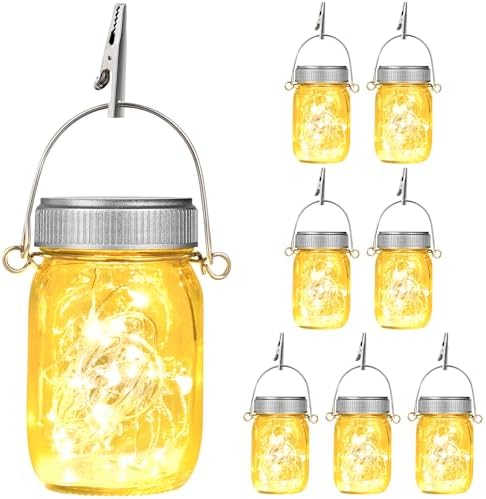 Mlambert 8 Pack Outdoor Solar Lanterns, Waterproof Hanging Mini Mason Jar Solar Lights for Backyard Garden Yard Patio Tree Decoration, Warm White