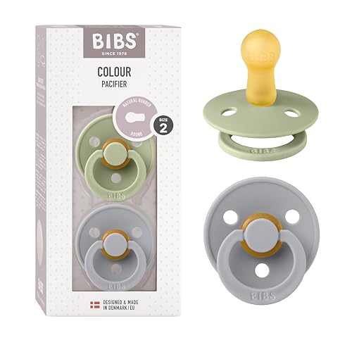 Image of BIBS Pacifiers Colour Collection | Natural Rubber Baby Pacifier | Round Nipple | Set of 2 BPA-Free Soothers | Made in Denmark | 6+ Months (Pack of 2) | Sage/Cloud
