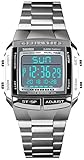 Mens Luxury Digital Watches Multifunctional Stopwatch Countdown Alarm Backlight Water Resistant Watch (Silver)