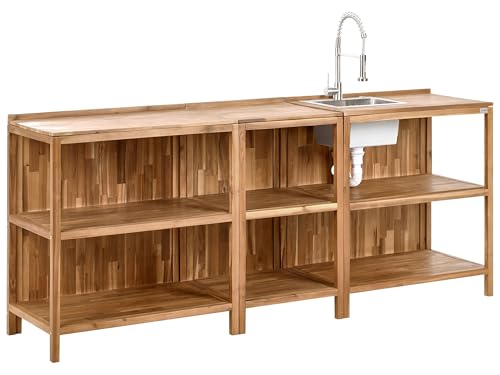 Beliani Conjunto de 3 Islas de Cocina Exterior de Madera de Acacia con Fregadero y Grifo estantes encimera de Madera Maciza Acero Inoxidable marrón y Plateado Venosa