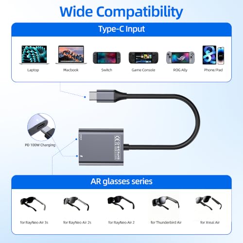 Image of USB C to Glasses Charging Adapter, 100W PD Charge & Play for AR Glasses, 4K@60Hz Video Output for XREAL /Viture /Rokid /RayNeo, Steam Deck, ROG Ally, Switch (Not Switch 2), PS5, Xbox, Mac, Laptops