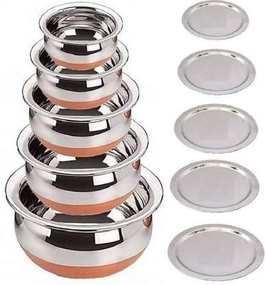 Dealnicy Stainless Steel Copper Bottom Handi with lid – Kitchen Serving & Cookware Bowl Cooking Bowl | Handi Set 5-Pieces | Biryani Handi Set