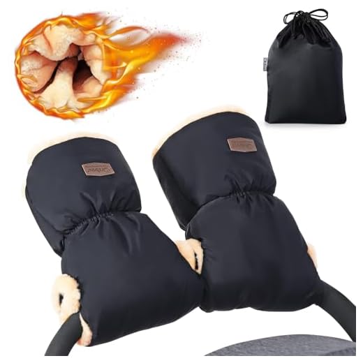 Orzbow Handwärmer Kinderwagen, Wasserdicht Künstliche Lammfell Handschuhe Kinderwagen mit Tasche, Winddicht Handmuff für Buggy, Winter Geschenk für Neue Eltern (Schwarz)