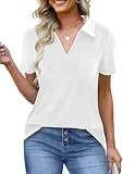 Womens Polo Shirts Short Sleeve Work Tops Loose Dressy Casual V Neck Collar Blouse White L